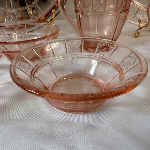 Jeannette Doric Pink Depression Glass Set Vintage Cream Sugar Bowls Platter Set - Picture 7 of 8